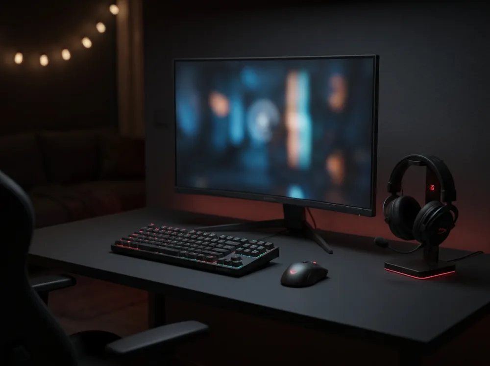 Gaming-setup med mekaniskt tangentbord, mus och skärm i mörkt rum